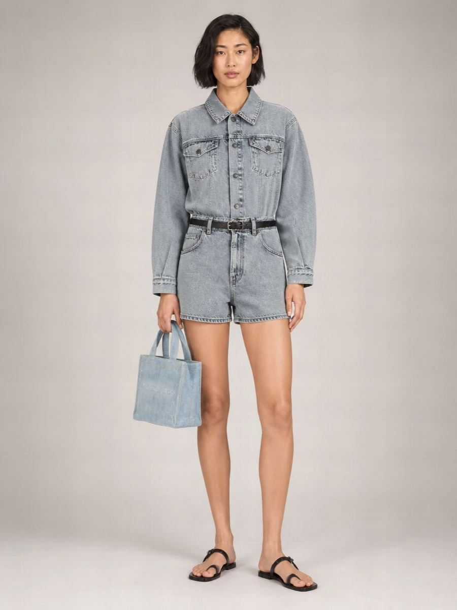 Haikure Denim Belted Long-Sleeve Playsuit