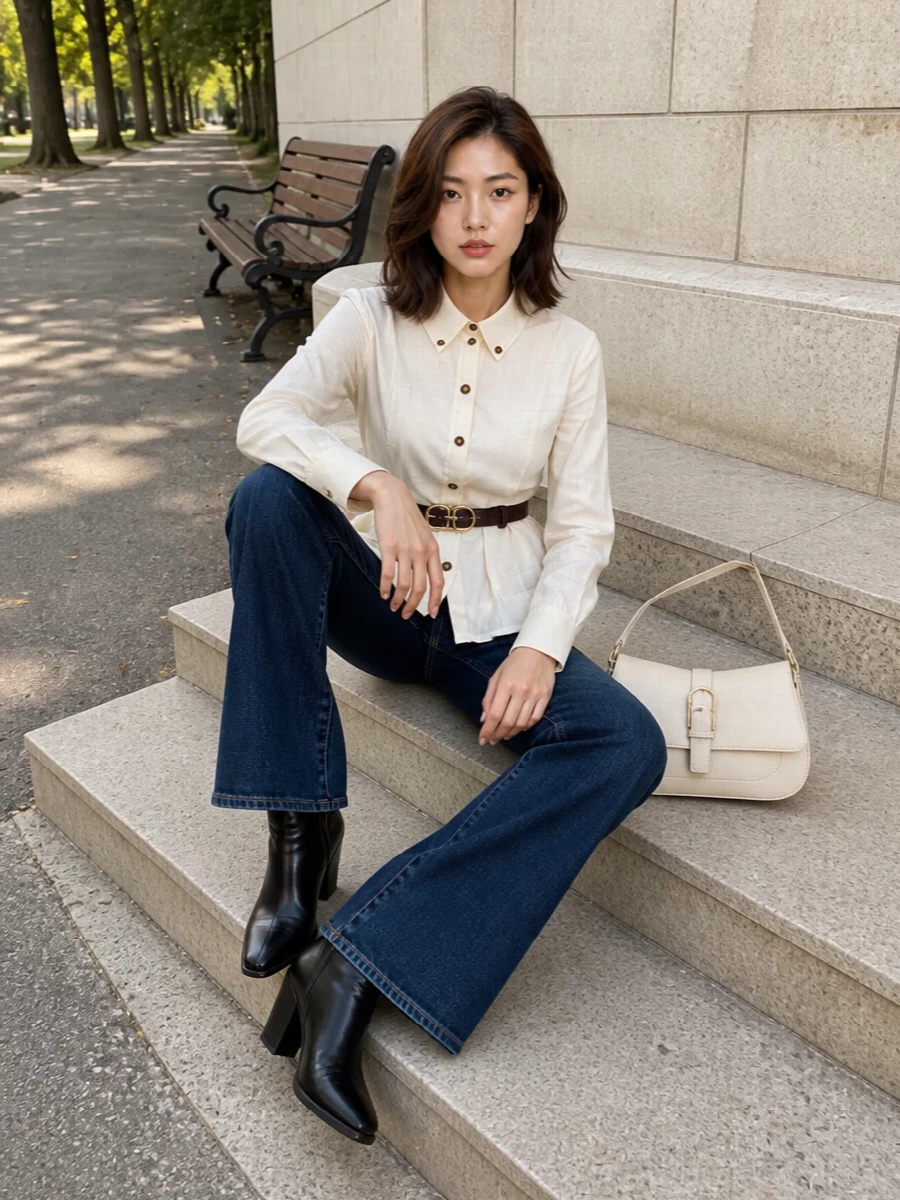 Ganni peplum shirt 7fam flared jeans outfit