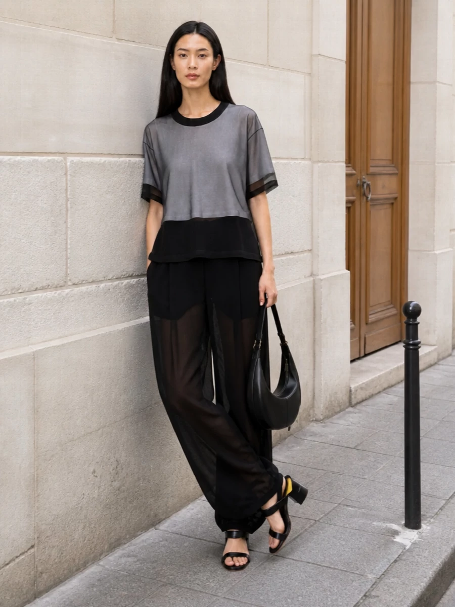Black sheer top wide leg trousers outfit