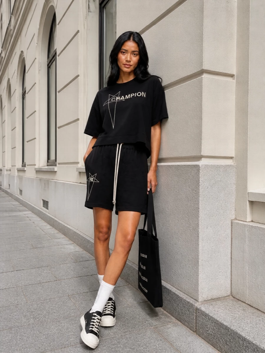 Rick owens black logo tee shorts sneakers outfit