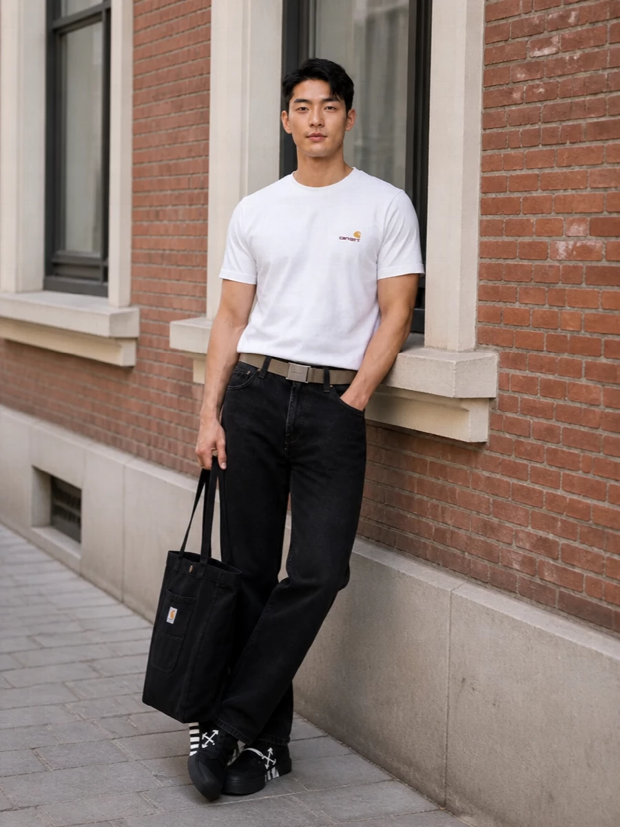 Carhartt wip white logo tee black jeans outfit