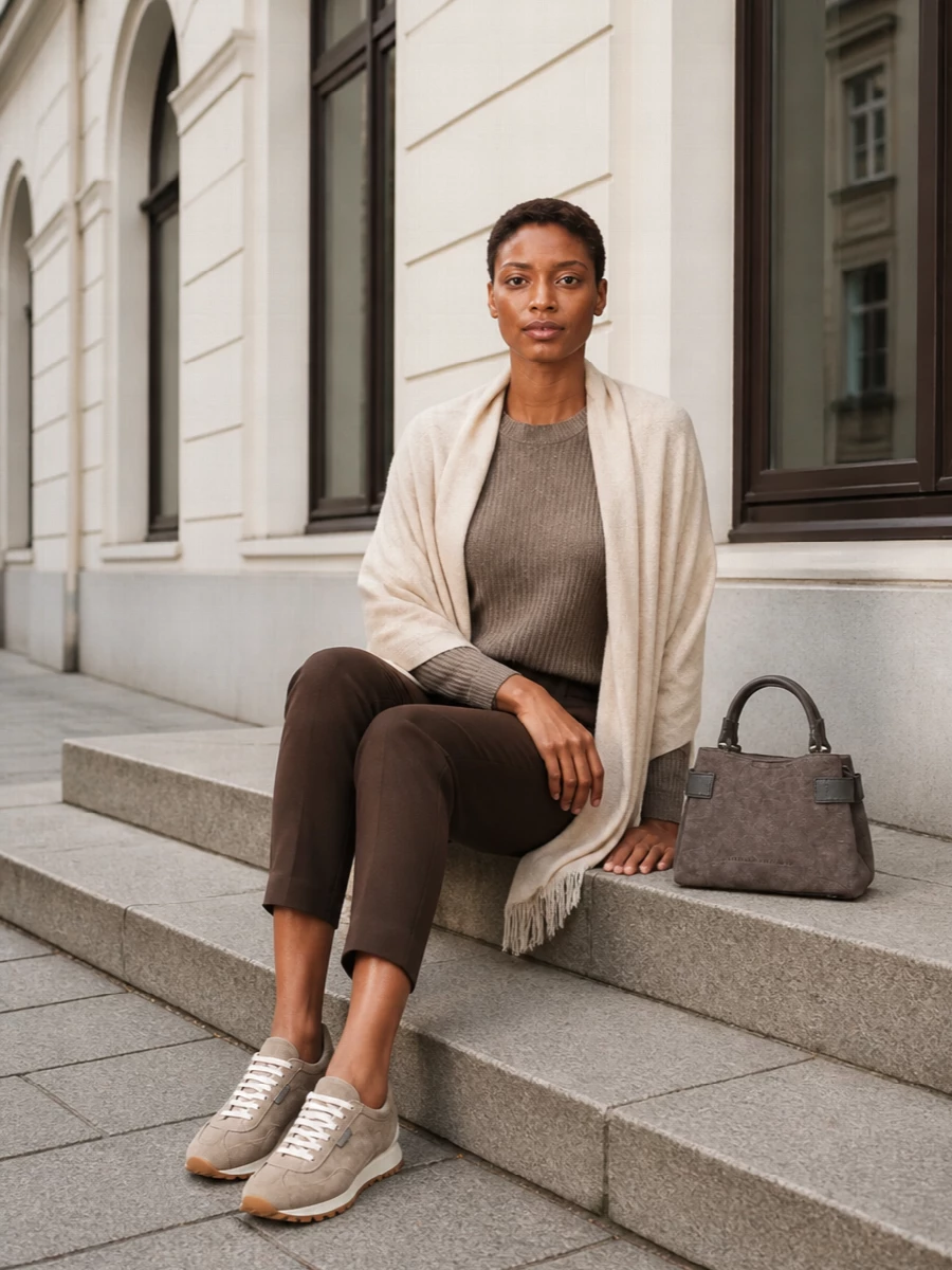 Taupe sparkle on top of deep espresso tailoring creates a calm, considered winter pairing that feels relaxed yet boardroom capable. Tonal taupe suede accessories and an oatmeal wrap keep everything in a soft, hushed palette while the runner profile quietly nudges the outfit toward modern city ease.
