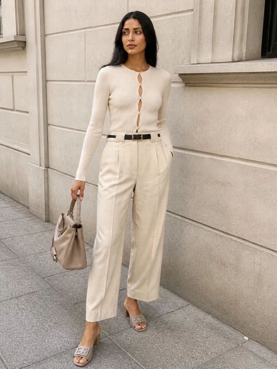 This look builds a refined tonal story around the cropped wide‑leg Fendi trousers, pairing them with the slim light‑beige cardigan for a softly tailored, elongated silhouette. Taupe block‑heel slides and a structured nude‑beige top‑handle bag keep the mood polished yet effortless, while a slim black belt offers just enough contrast to underline the trousers’ graphic waistband detail. It’s an elevated SS uniform for modern city days that moves easily into dinner.