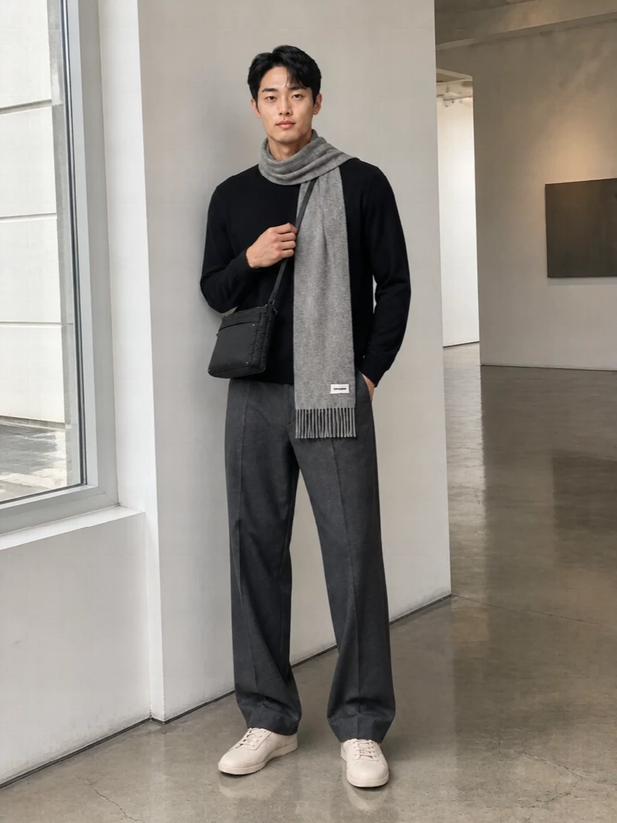 Ami paris black sweater charcoal trousers outfit