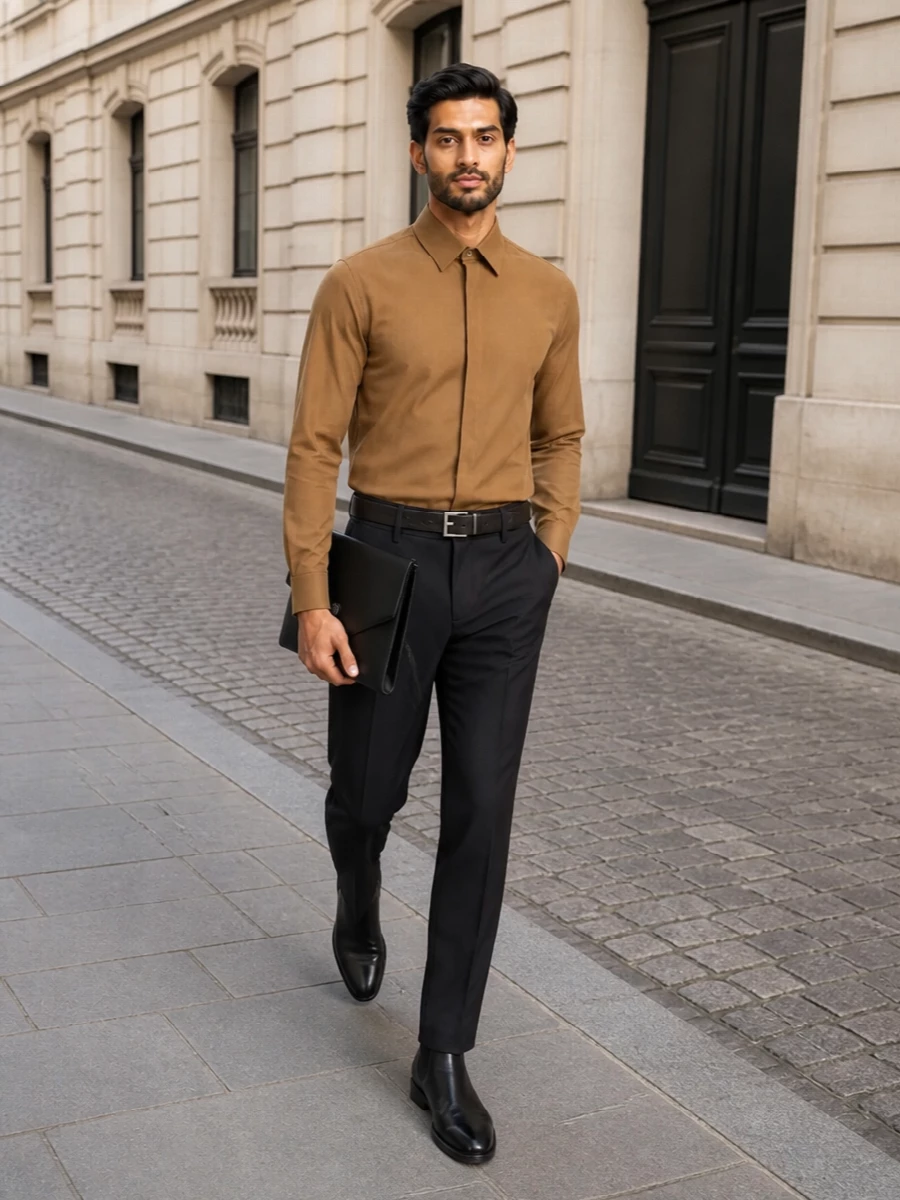 Fendi camel shirt charcoal pleated trousers outfit