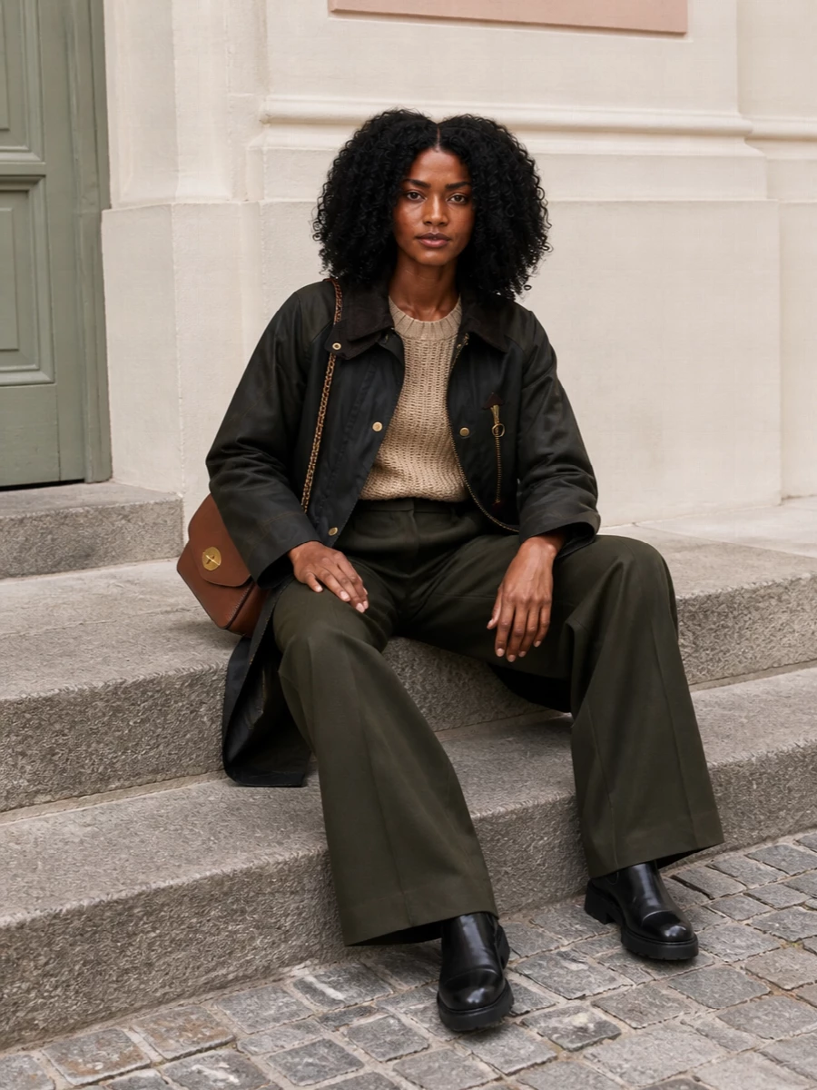 Barbour wax coat max mara wide leg trousers