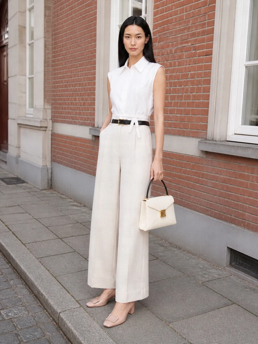 An optic-white sleeveless shirt and softly fluid ivory wide-leg trouser create a long, clean column that feels quietly assertive from meeting room to terrace dinner. Nude-blush block heels keep the silhouette grounded yet refined, while the ivory top-handle bag and slim black belt add just enough structure and contrast to read impeccably considered without noise.