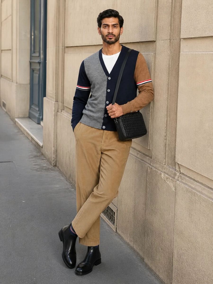 Thom browne cardigan camel corduroy trousers outfit