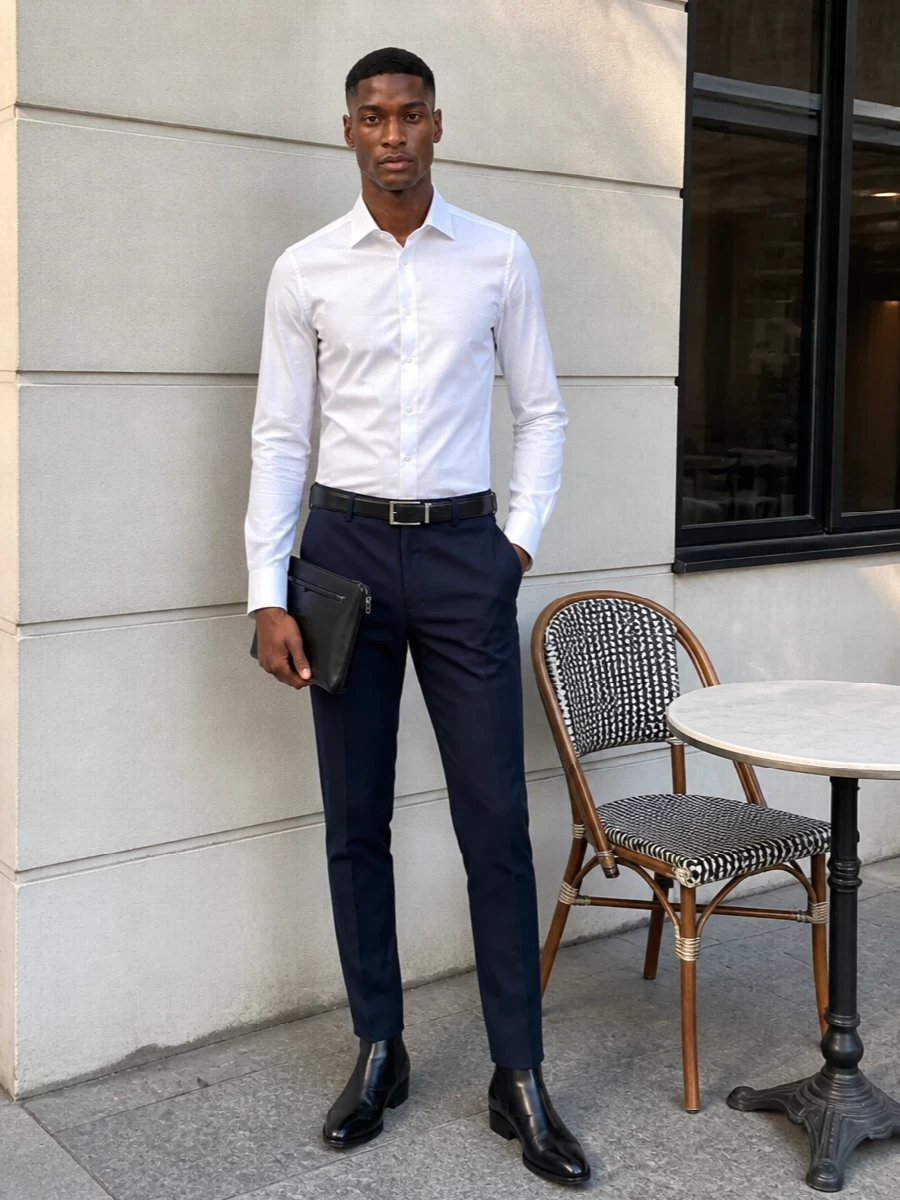 Tom ford white shirt navy tailored trousers outfit