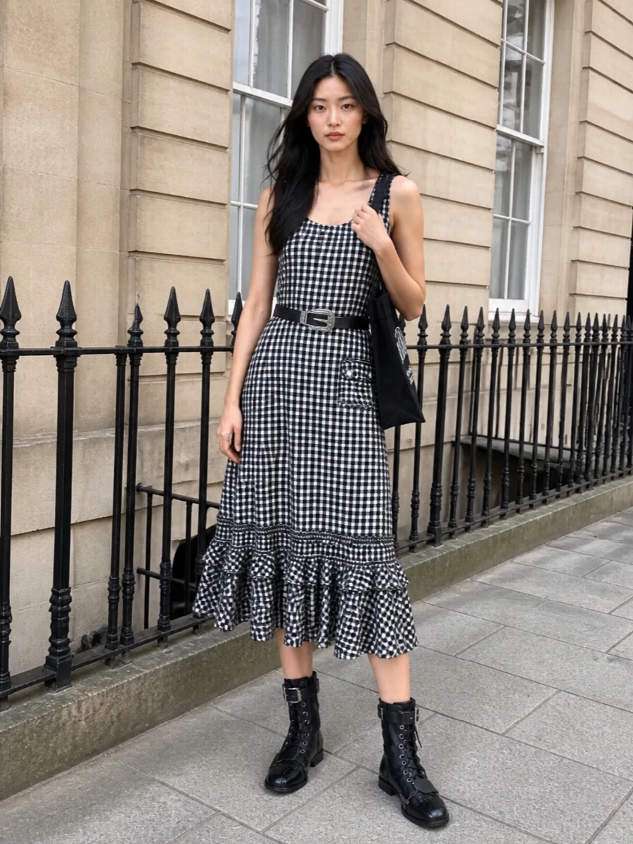 Ganni gingham midi dress black ankle boots
