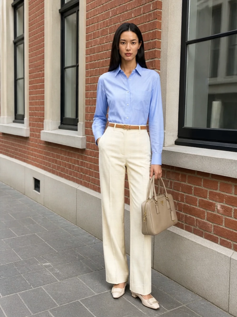 Brioni powder blue shirt ivory wide leg trousers