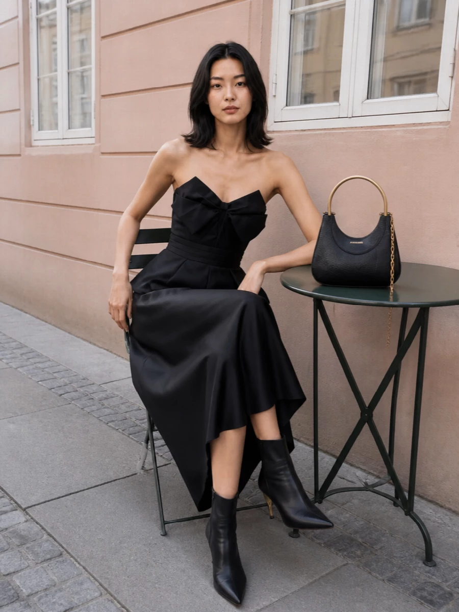 A pure black, sculpted evening ensemble that lets the strapless bow top set the tone, grounded by a fluid asymmetric satin midi that moves around the legs rather than adding bulk at the waist. Sharp pointed boots and a structured crescent bag keep the line long and precise, while the cummerbund belt subtly carves the torso into a clean hourglass. It is romantic but disciplined, ideal for cocktail nights where the architecture of the outfit does the talking.