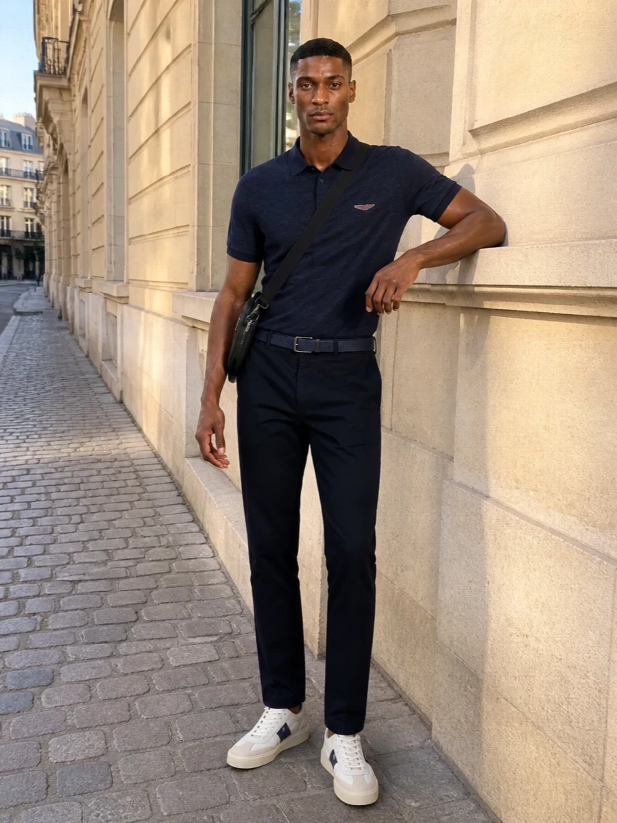 Navy-on-navy keeps this Boss combination quietly precise, with the tailored straight-leg trouser giving the knit polo a more considered, city-ready feel. Off-white sneakers break up the depth just enough, while the slim crossbody and tonal belt stay almost invisible, so the focus remains on clean lines and easy polish. It is an understated smart-casual uniform that moves smoothly from daytime meetings to dinner without changing the mood.