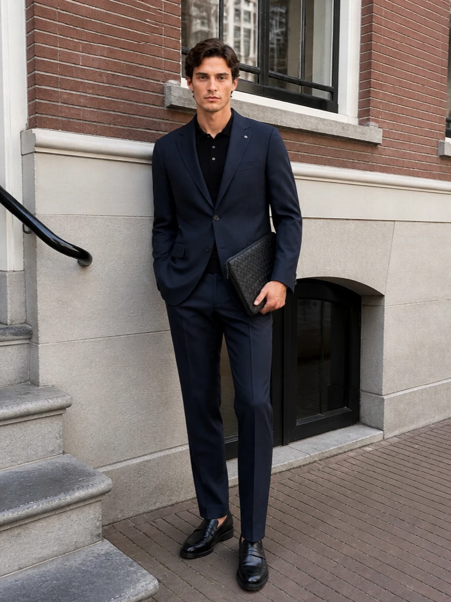 Tagliatore navy suit ferragamo loafers
