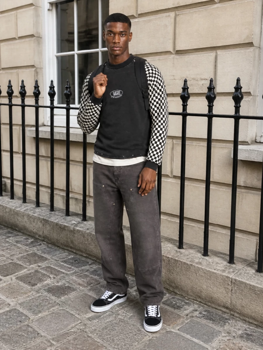 Vans checkerboard pullover carhartt jeans outfit