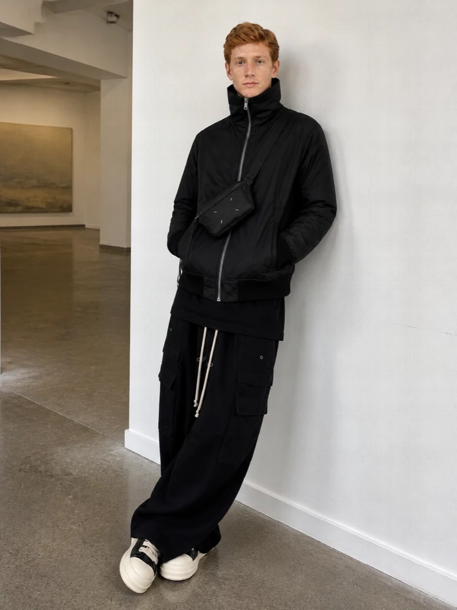 Rick owens black bomber wide cargo outfit