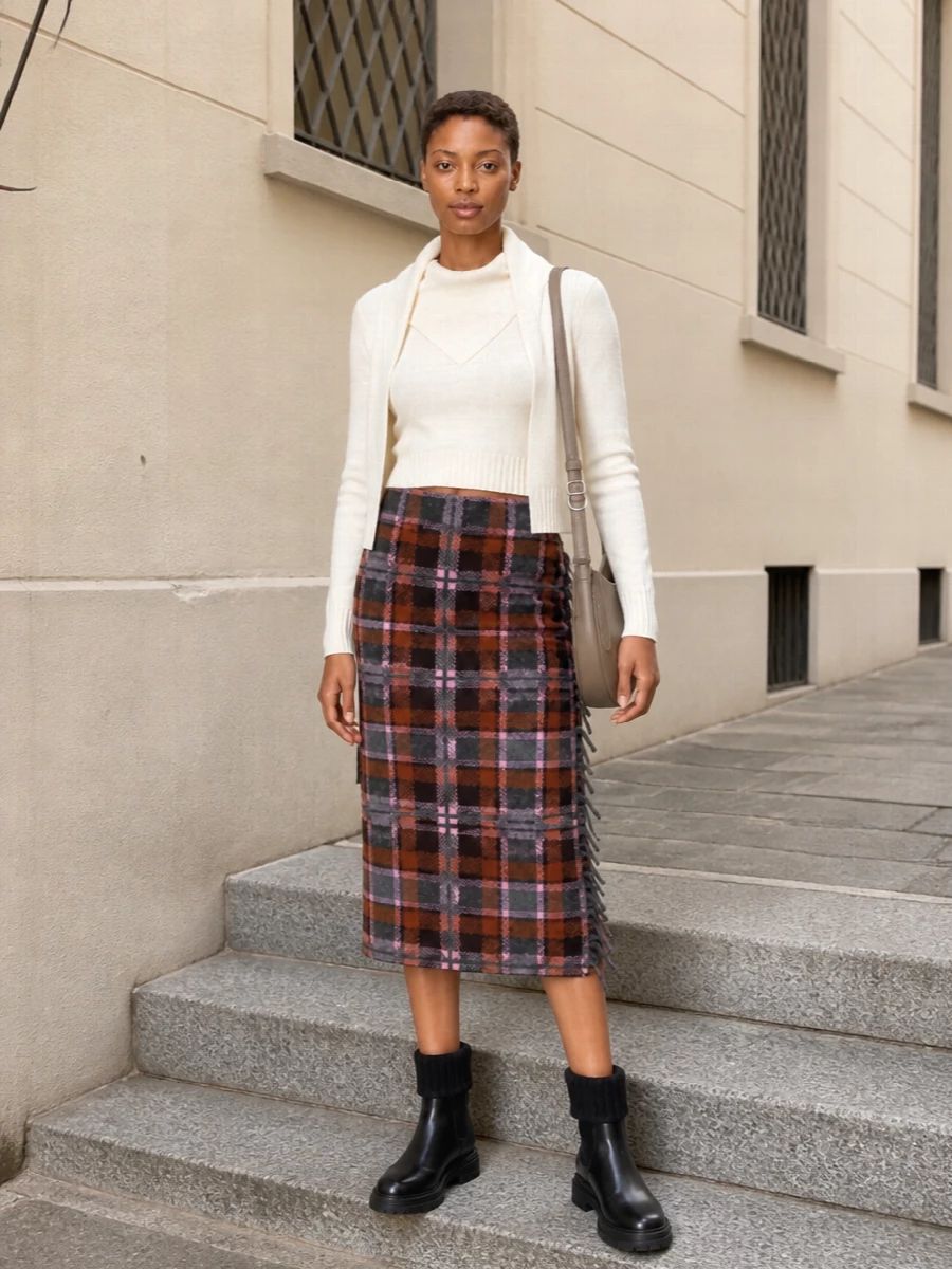 Guest in residence ivory sweater plaid midi skirt
