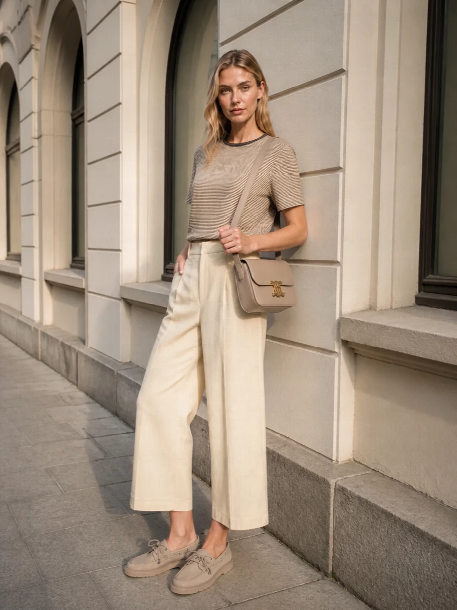 This look leans into sunlit neutrals and subtle stripes: the sand-toned Brunello Cucinelli tee is grounded by softly tailored buttercream wide-leg trousers for an easy, elongated line. Sand suede boat loafers keep it relaxed yet polished, while the structured beige Celine shoulder bag sharpens the ensemble with a discreet, elevated finish—perfect for city lunches or resort afternoons where you want quiet sophistication without trying too hard.