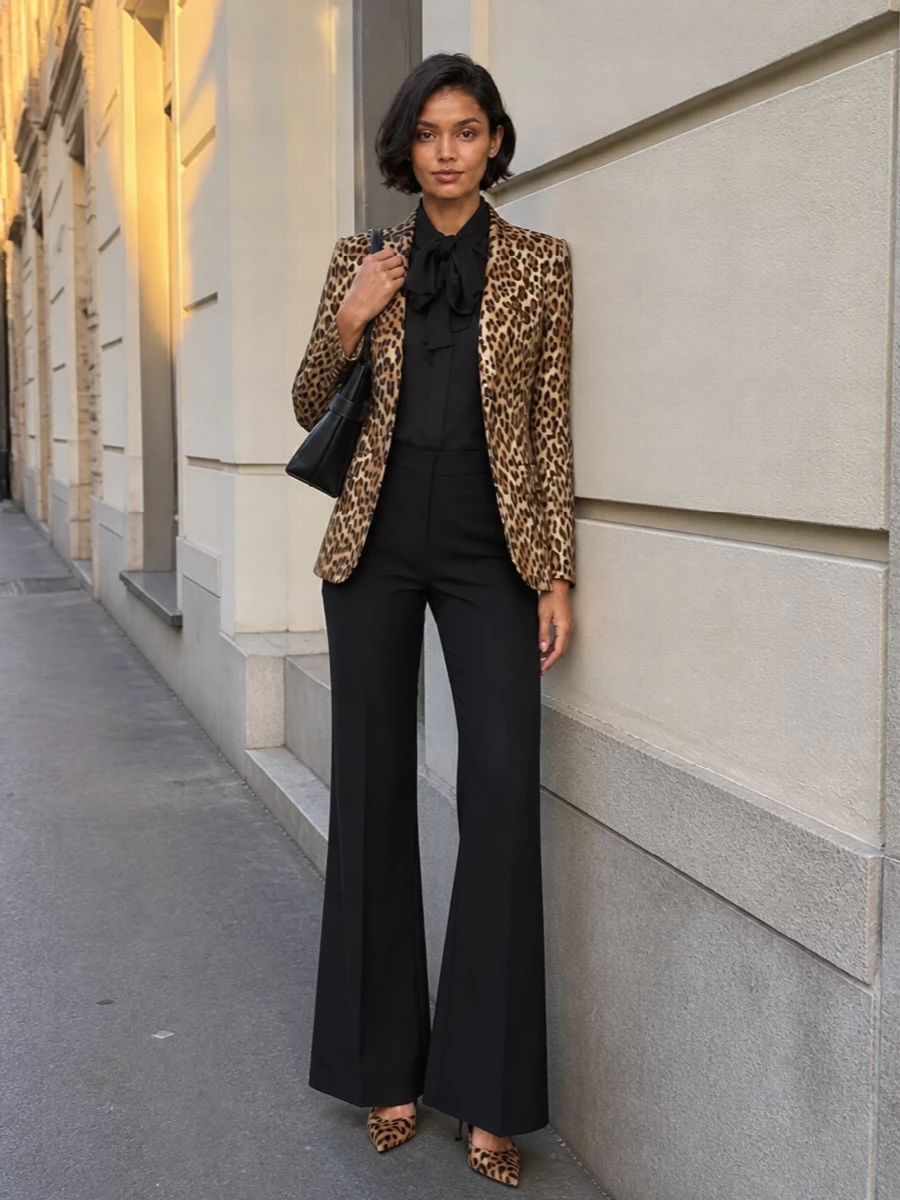 Moschino leopard blazer black flared trousers