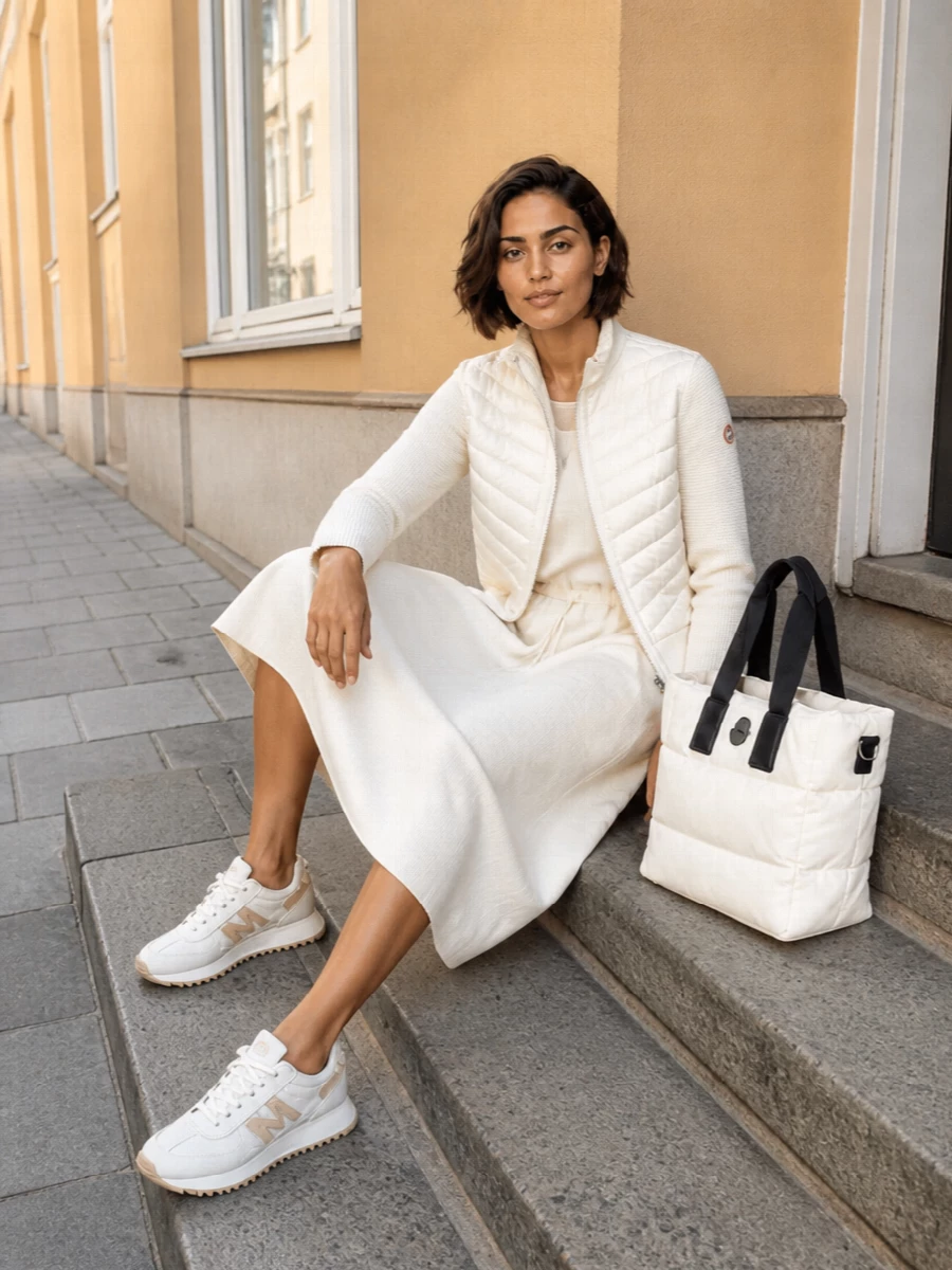 Moncler ivory quilted jacket tshirt dress outfit