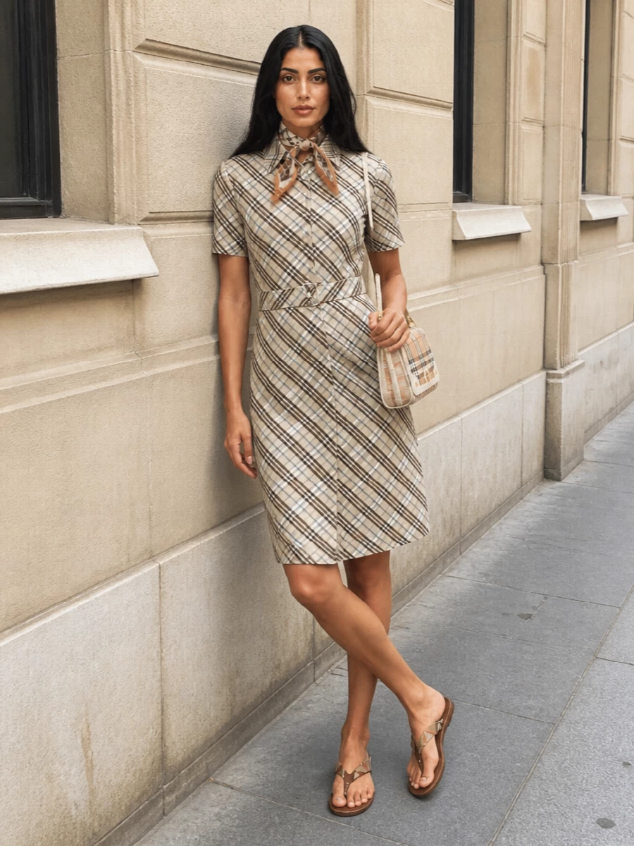 This look leans into Burberry’s heritage with a crisp checked shirt dress grounded by dark-brown thong sandals for an effortless, city-ready SS mood. A structured camel-and-cream shoulder bag and a neatly knotted silk scarf sharpen the silhouette, keeping everything firmly in the tailored, quiet-luxury space without feeling overdone.