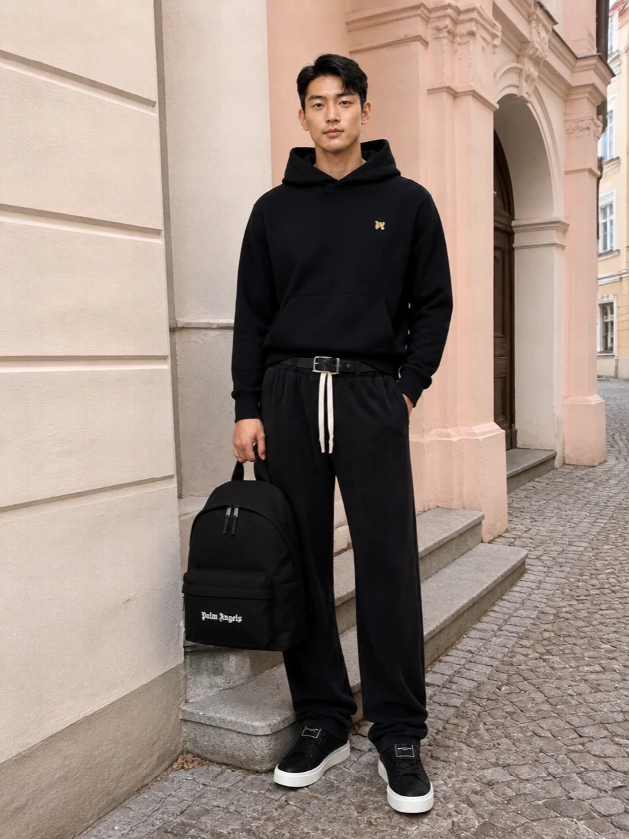 Palm angels hoodie black track pants balmain sneakers