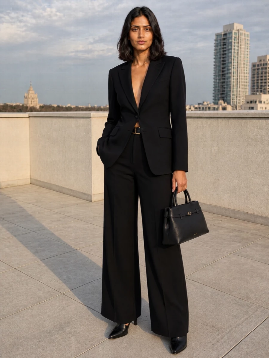 Andamane black tailored suit manu atelier bag