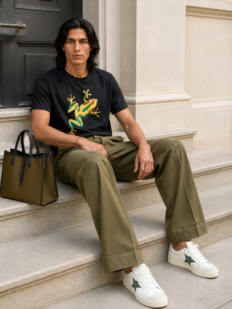 Loewe frog tshirt olive trousers sneakers