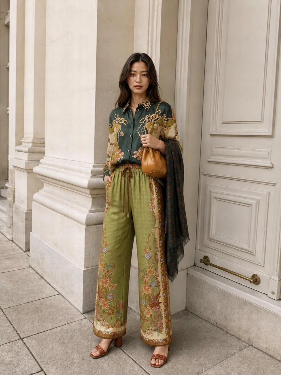 Zimmermann floral silk shirt wide leg pants outfit