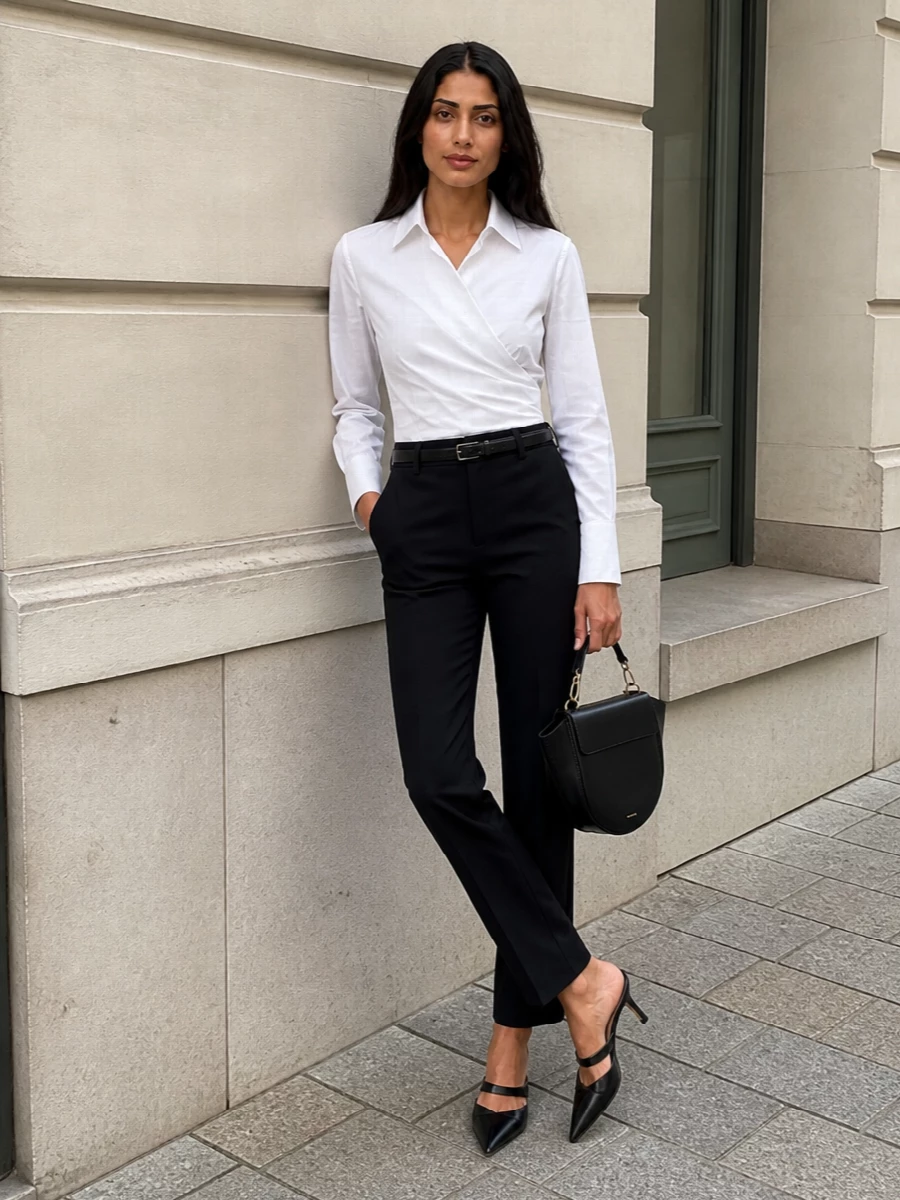 Black tailored trousers white wrap shirt outfit