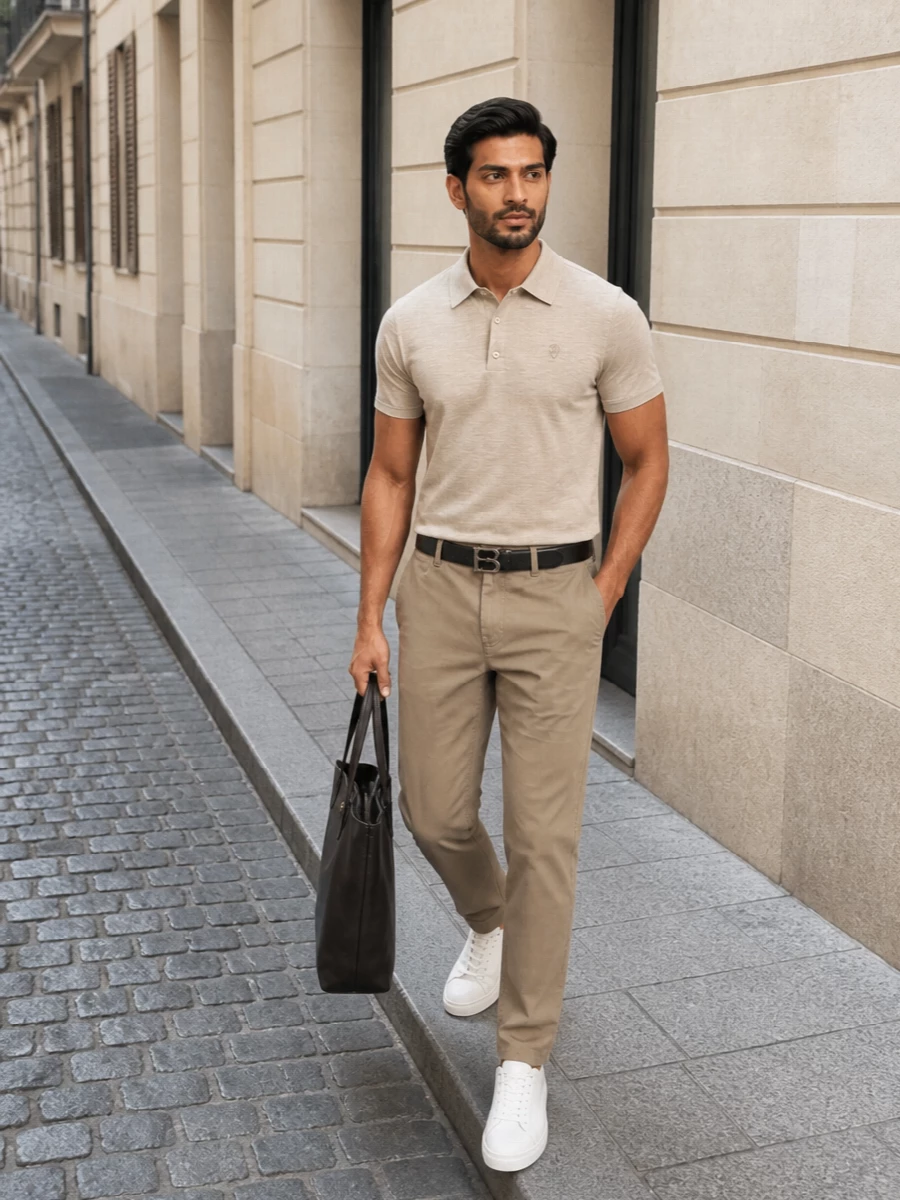 Mens taupe chinos knit polo smart casual outfit