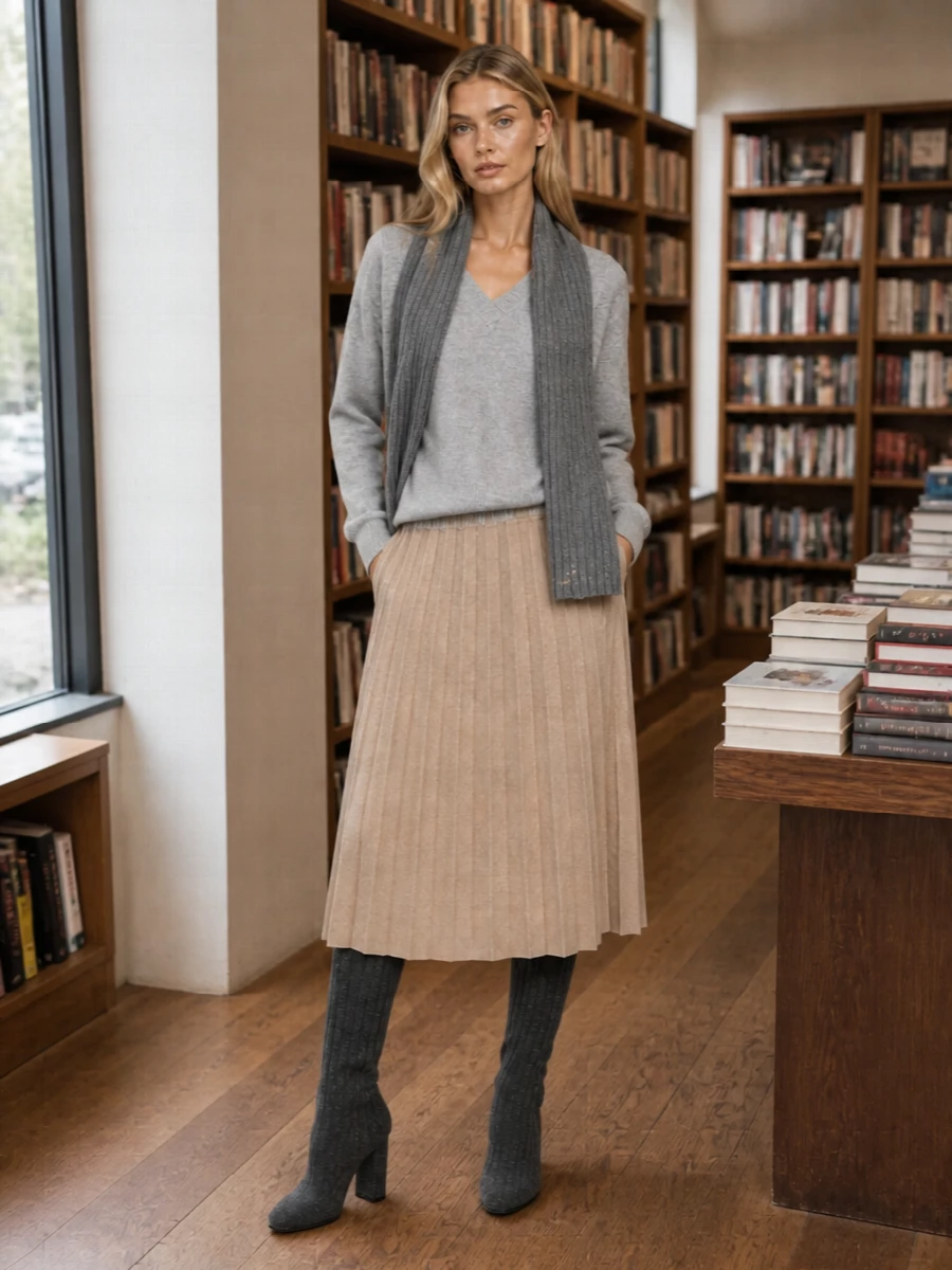 Lisa yang grey cashmere sweater pleated midi skirt