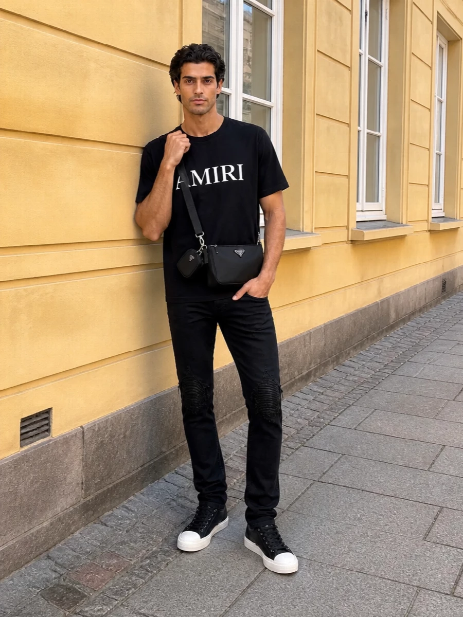 Amiri black jeans logo tee prada crossbody