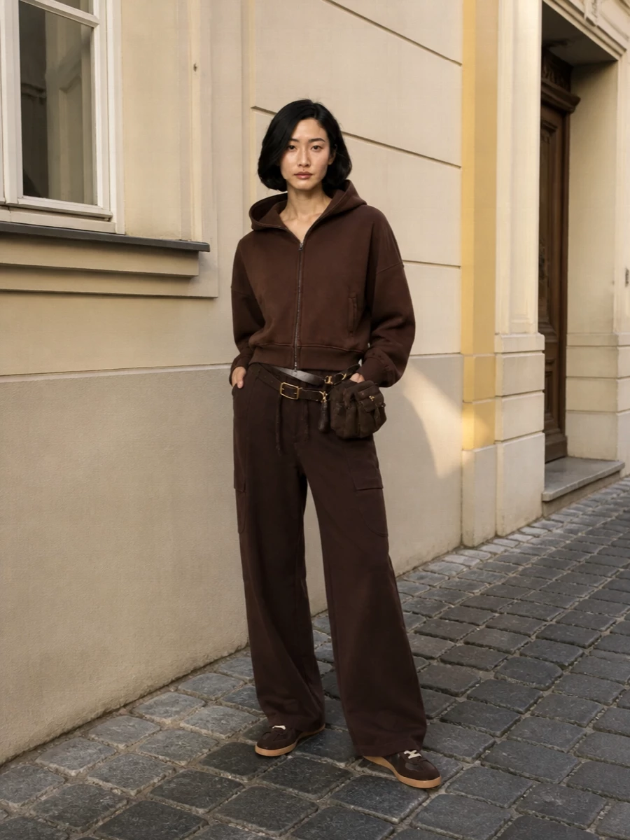 Entire studios brown wide leg pants zip hoodie