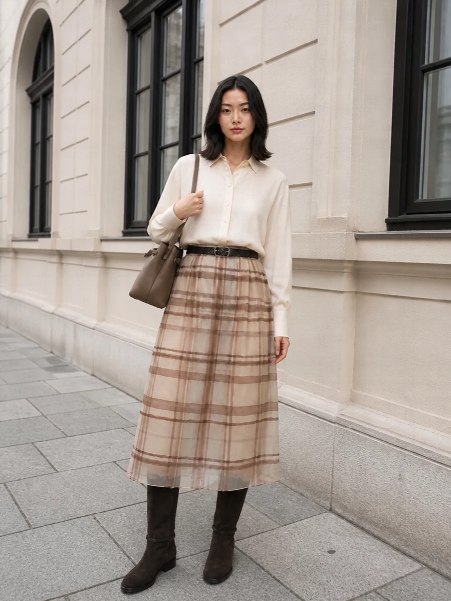 Brunello cucinelli checked midi skirt outfit