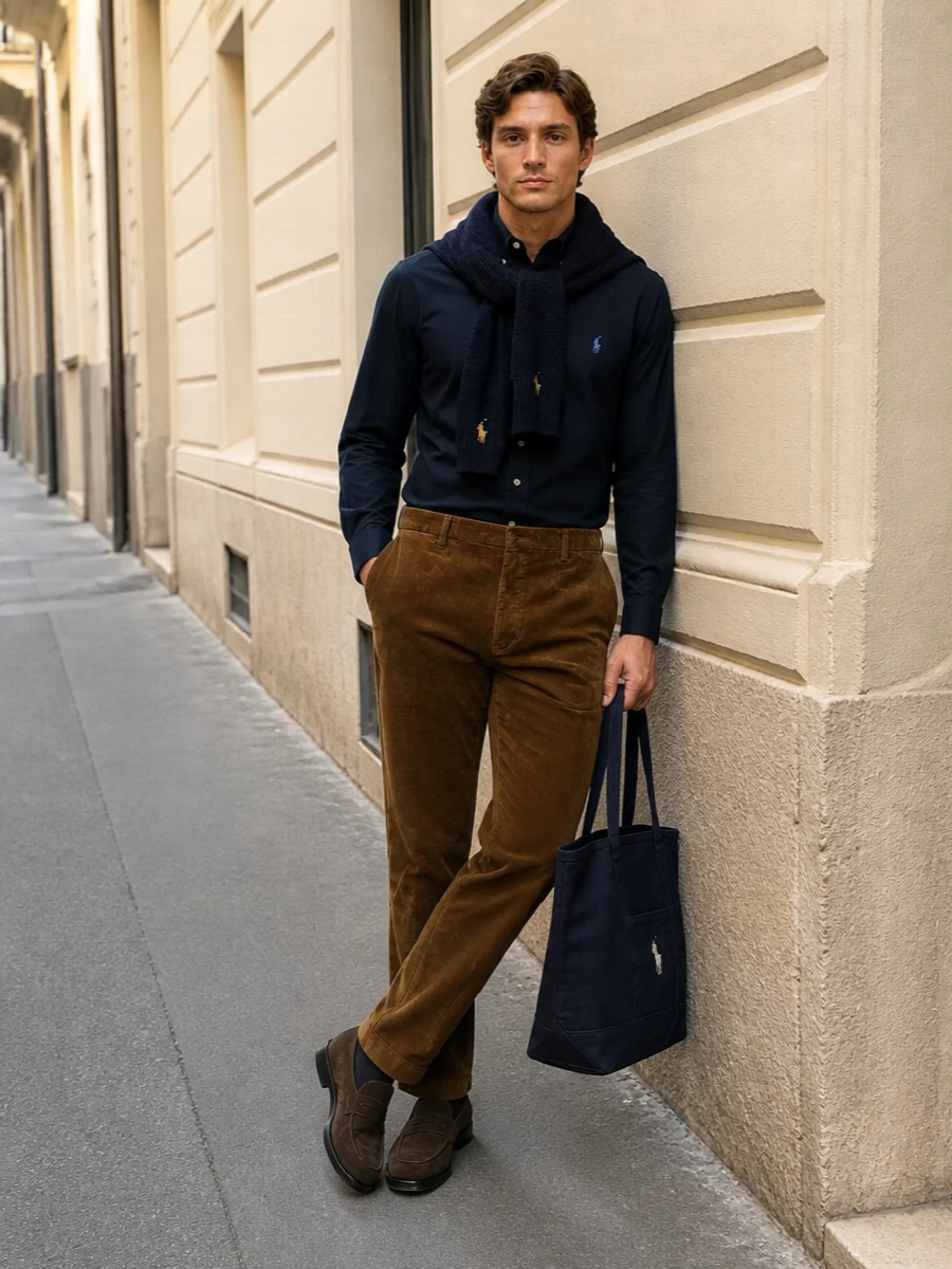 Navy Oxford shirting meets caramel corduroy for a quietly polished, collegiate take on smart casual. Dark brown suede loafers keep the line refined but relaxed, while the navy canvas tote keeps the whole outfit easy and practical for city days. The result reads classic East Coast prep with a warm, autumnal depth.