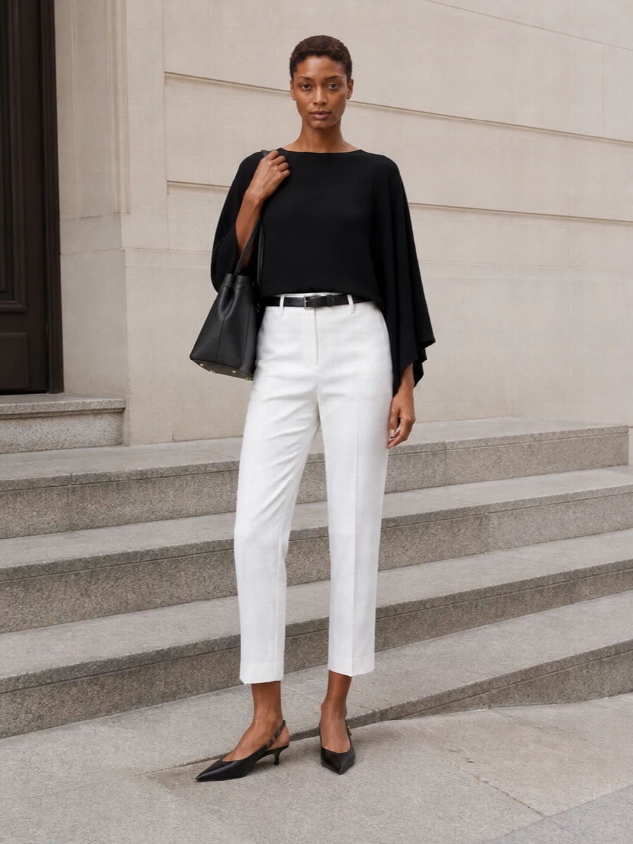 Max mara black knit white tailored trousers outfit