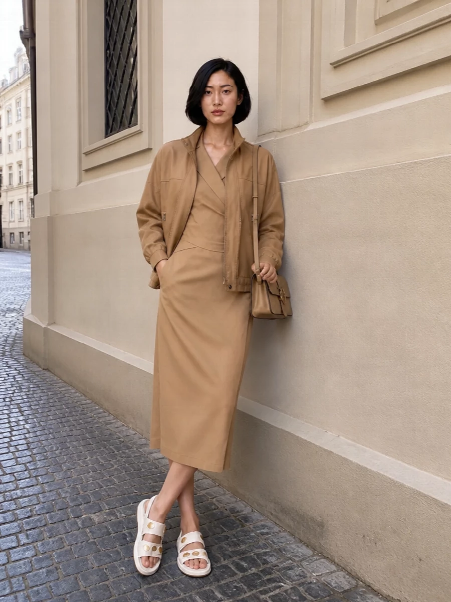 I chose the dress route here so the camel bomber can sit over a single, clean column of tailoring rather than competing with a separate top and trouser. The tonal wrap dress, padded slingback and structured camel bag create a soft, city-ready neutral story that feels modern, understated and precise. It is office-appropriate yet relaxed enough for late afternoons that slide into dinner.
