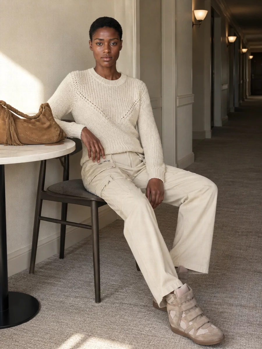Taupe suede wedge sneakers ground an airy oatmeal knit and light beige utility trouser pairing in a soft, sun-faded neutral story. The wide, structured leg plays against the hidden height of the shoes, keeping the proportions long and relaxed rather than bulky. A tan suede hobo finishes it with an easy boho touch that still feels pared back and city-ready.