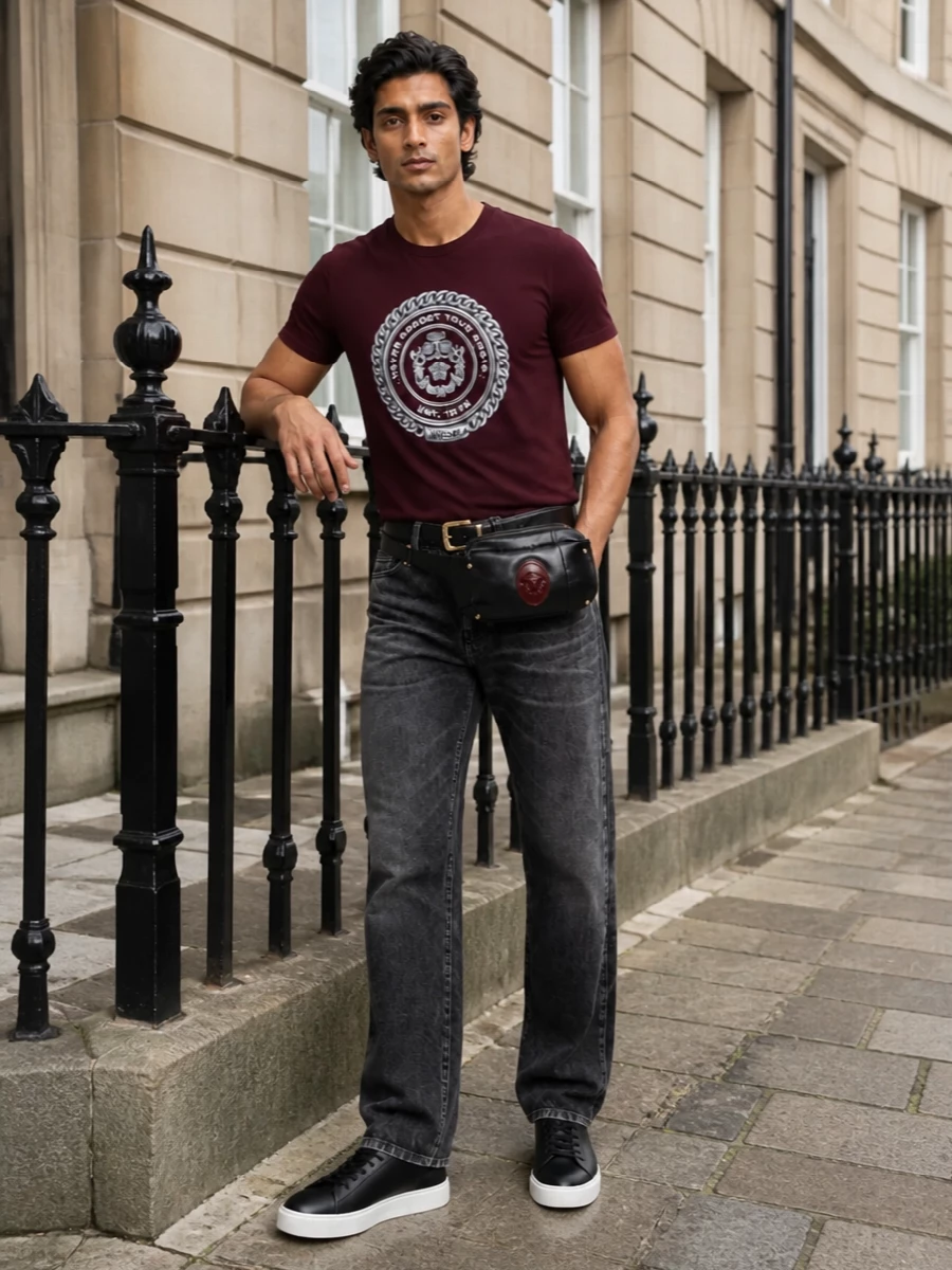 Versace burgundy crest tee black jeans outfit