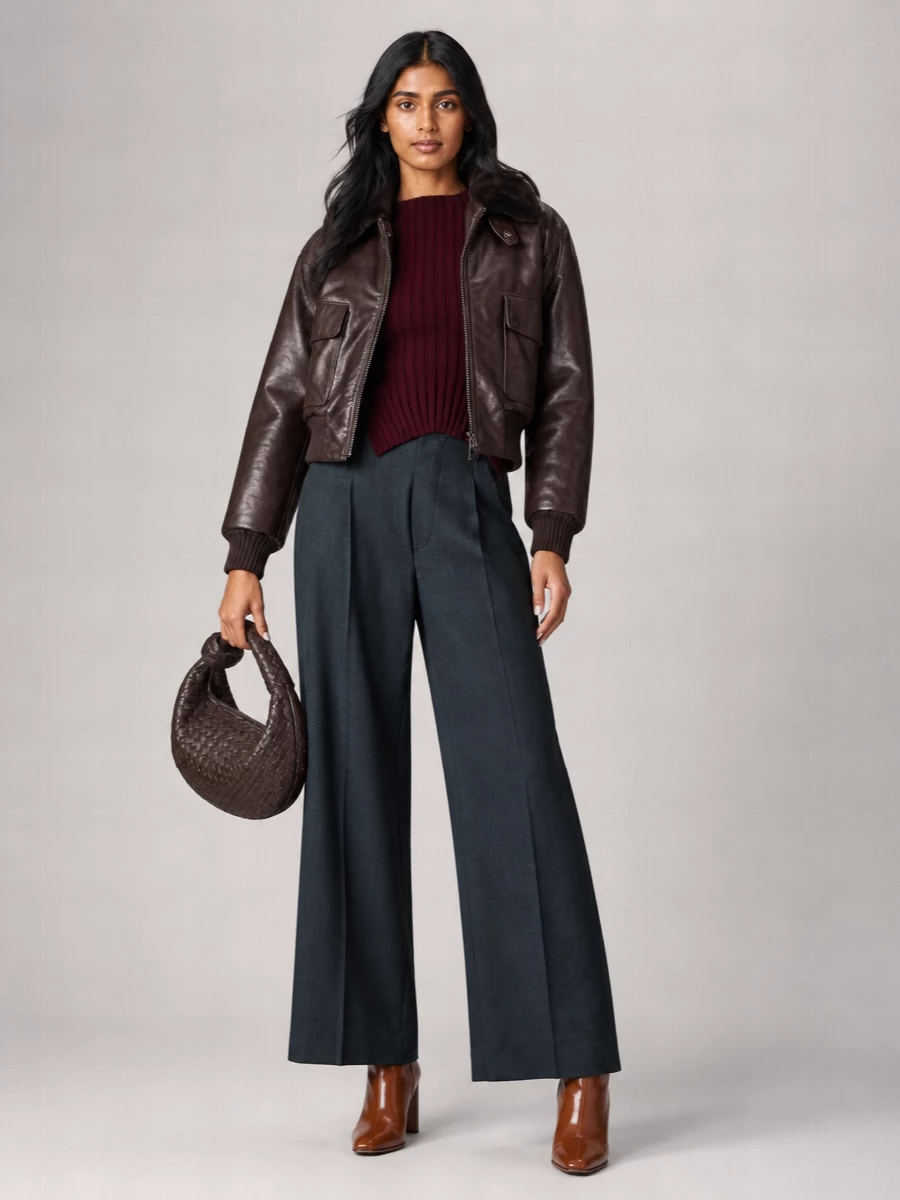 I am building around the trousers rather than a dress so the cropped aviator can stay the hero and play against strong tailoring, which is the cleanest read with this jacket. The sculpted burgundy knit and charcoal wide-leg trouser create a long, architectural line under the waist-cut bomber, while the cognac knee boots and chocolate Bottega shoulder bag keep everything in a warm, tonal brown story that feels quietly powerful for winter city evenings. It is polished, directional and luxurious without tipping into overt formality or trend noise.