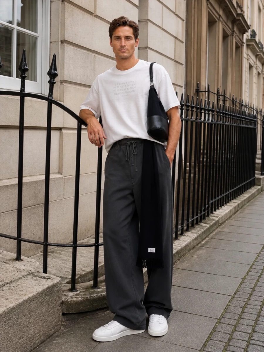 Soft white, charcoal and optic white keep this Margiela ensemble pared back, letting shape and subtle branding do the work. The wide, pooling trouser relaxes the graphic tee just enough, while the clean sneakers and structured shoulder bag sharpen the line for city days that drift into night. It is calm, precise streetwear with an intellectual undercurrent.