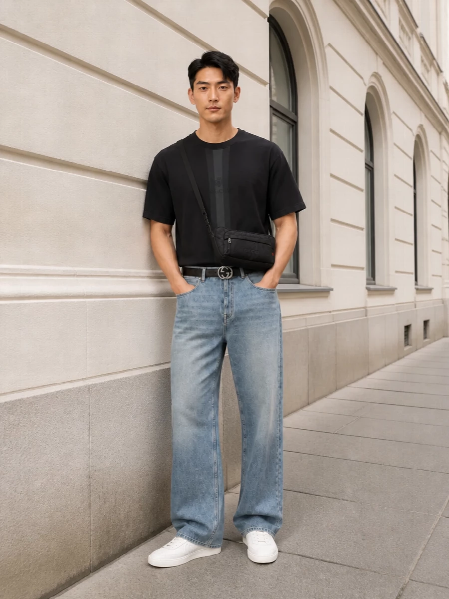 Gucci wide leg jeans minimalist tee white sneakers