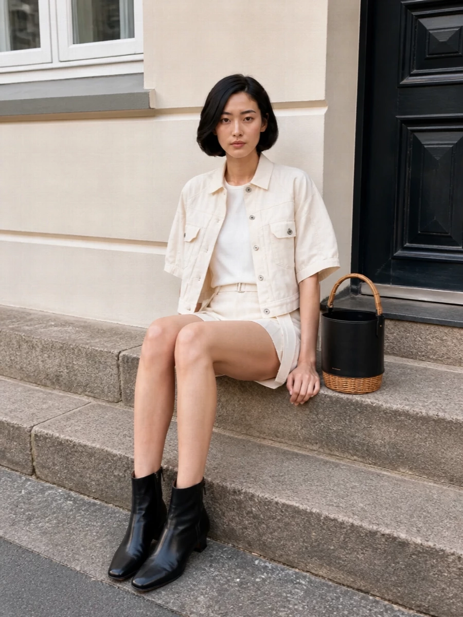 Sacai ivory jacket tailored shorts ankle boots