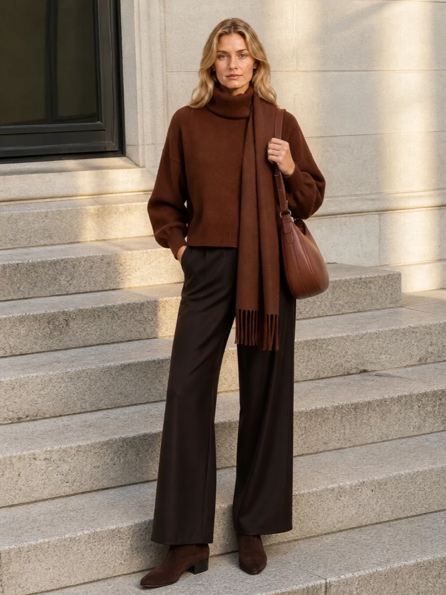 Loulou studio brown turtleneck wide leg trousers