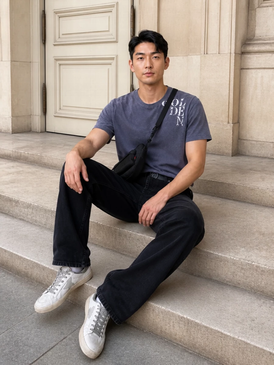 Washed slate, black denim and off-white sneakers keep this Golden Goose combo tight and unfussy, all about lived-in texture rather than loud branding. The relaxed straight leg and regular tee sit in an easy, low-key proportion, with a slim black crossbody and clean belt giving just enough structure for city days and casual nights alike.