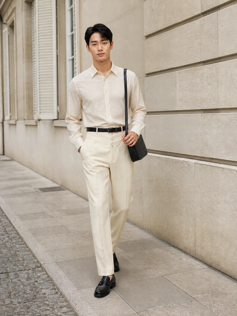 Saint laurent ivory shirt high waisted trousers