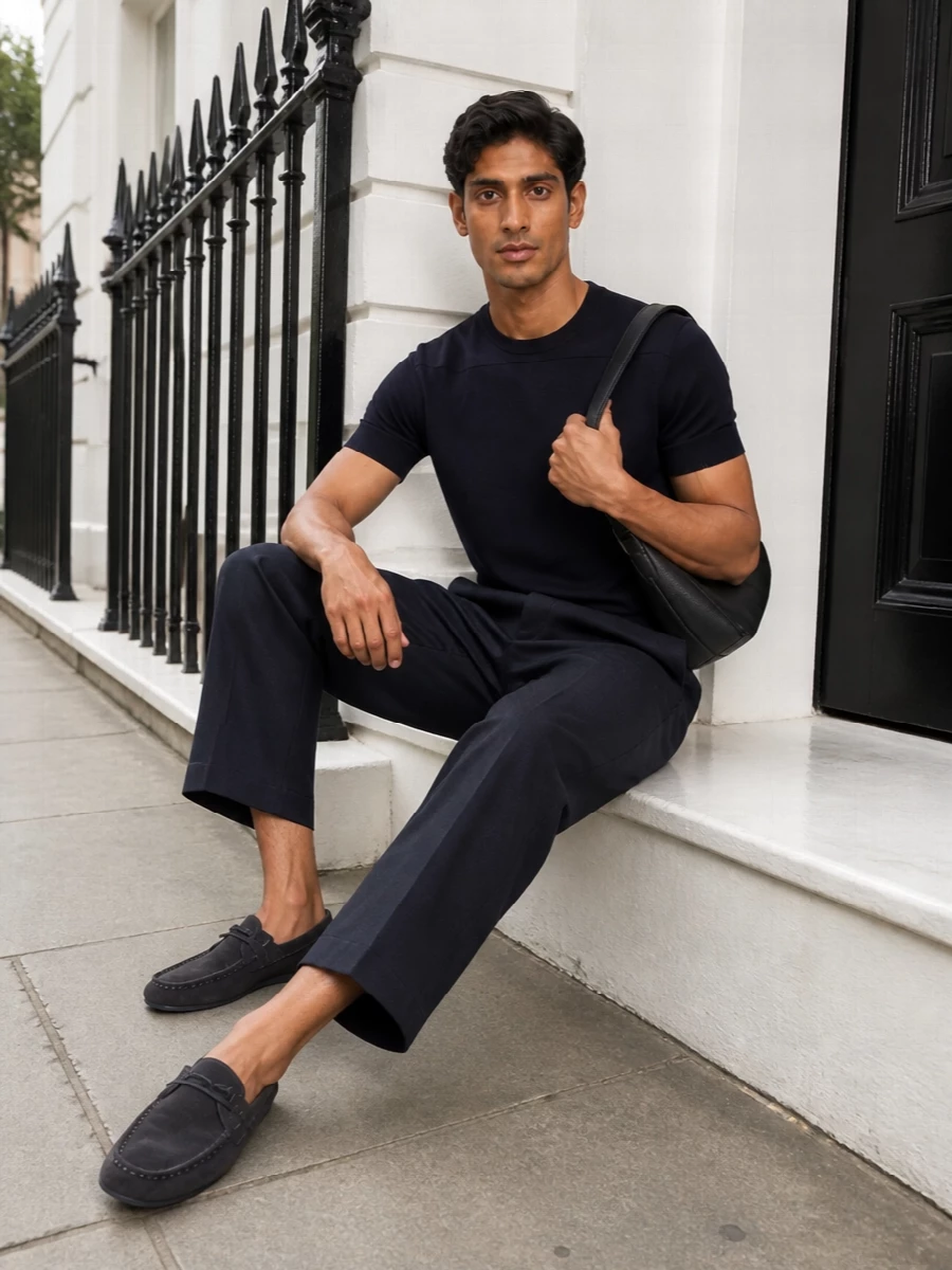 Jil sander navy knit wide cropped trouser outfit