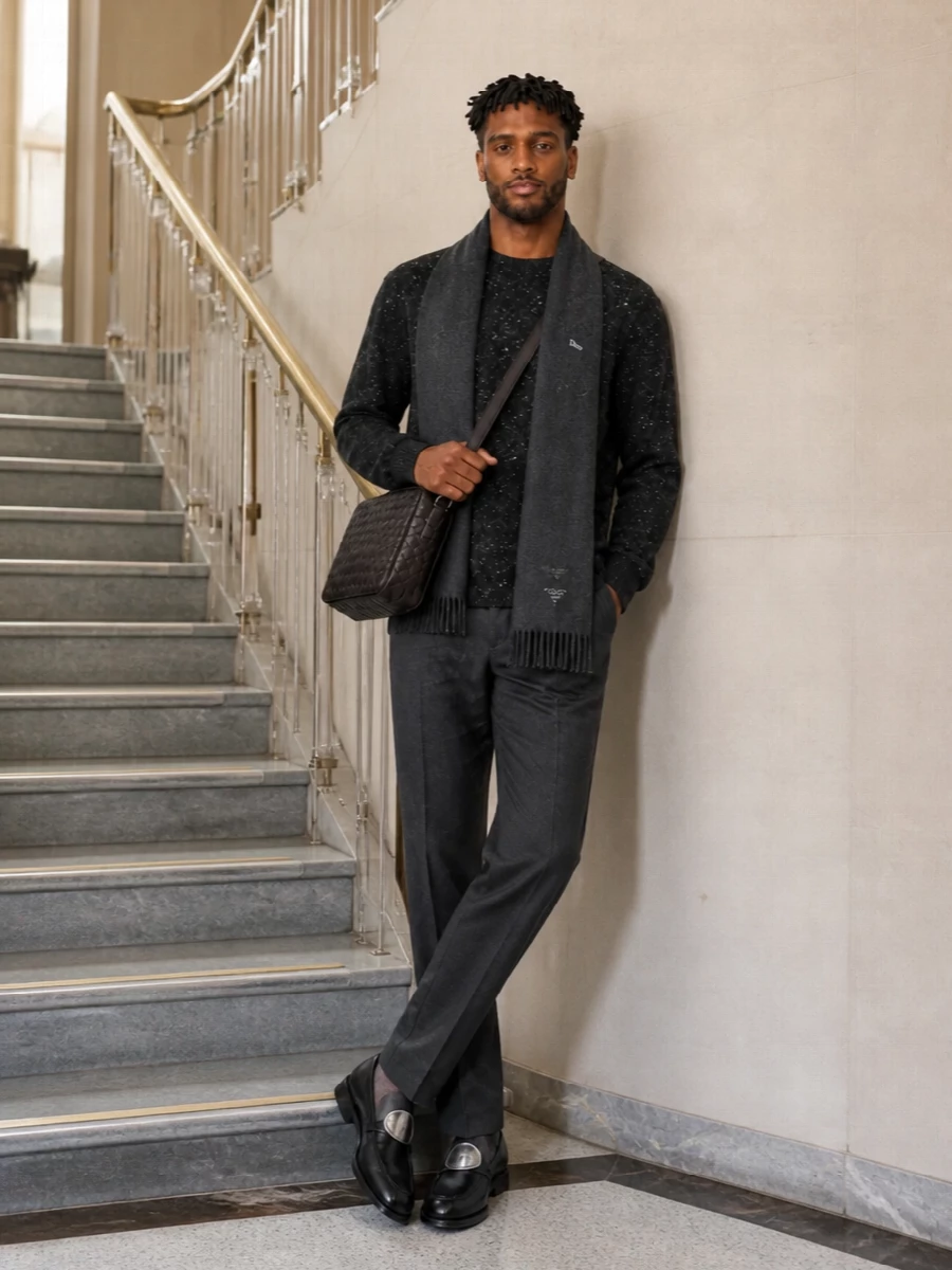 A charcoal-on-charcoal palette keeps this ensemble calm and precise, letting subtle textures do the work. The Dior knit sits cleanly over tailored wool trousers and sharp black loafers, with an intrecciato crossbody and charcoal scarf adding depth rather than noise. It is an understated city uniform that moves easily from daytime appointments to a discreet dinner reservation.
