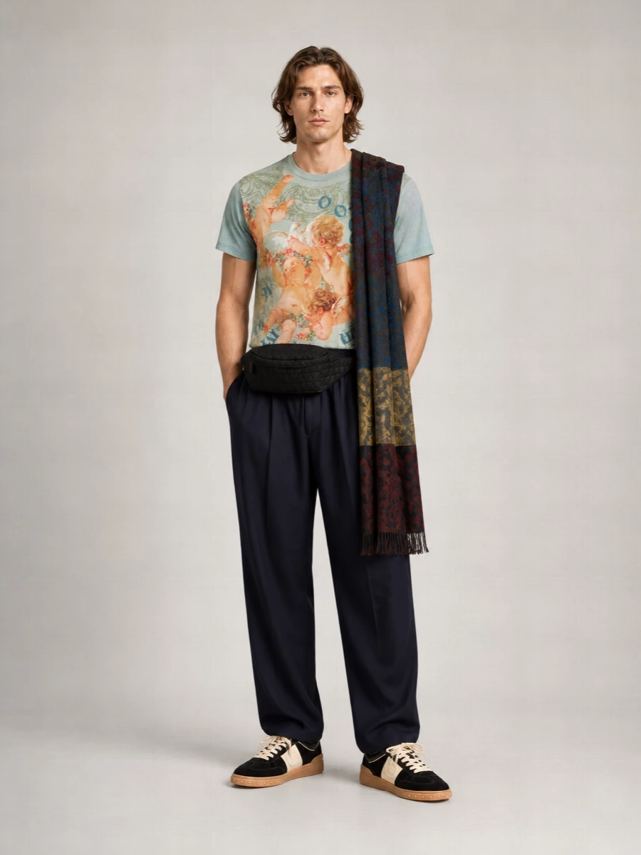 A romantic graphic tee meets relaxed ink navy trousers and black suede courts for a soft but assured streetwear rhythm. The muted aqua, cream and navy palette keeps the print feeling grown up, while the belt bag and scarf pull the baroque energy into the city with intention. It is laid back enough for day, yet charged with enough detail to feel special after dark.